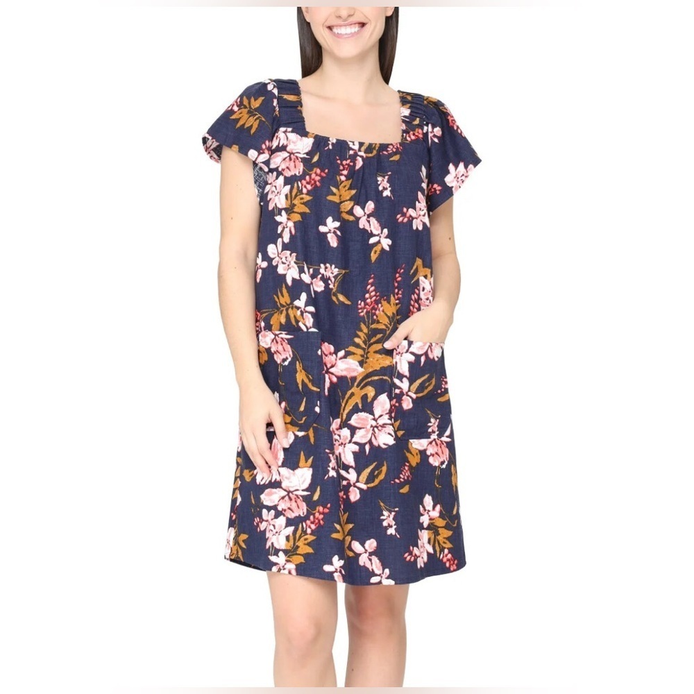 🆕 Nicole Miller Linen Floral Navy Square Neck Mini Dress, Size L